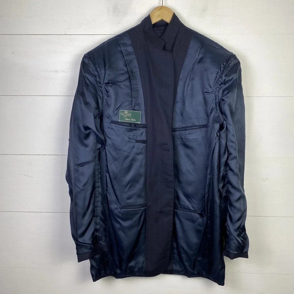 VTG‎ Tom James Blazer Navy Pinstripe 44-46L? Sport Coat USA Made Academia
